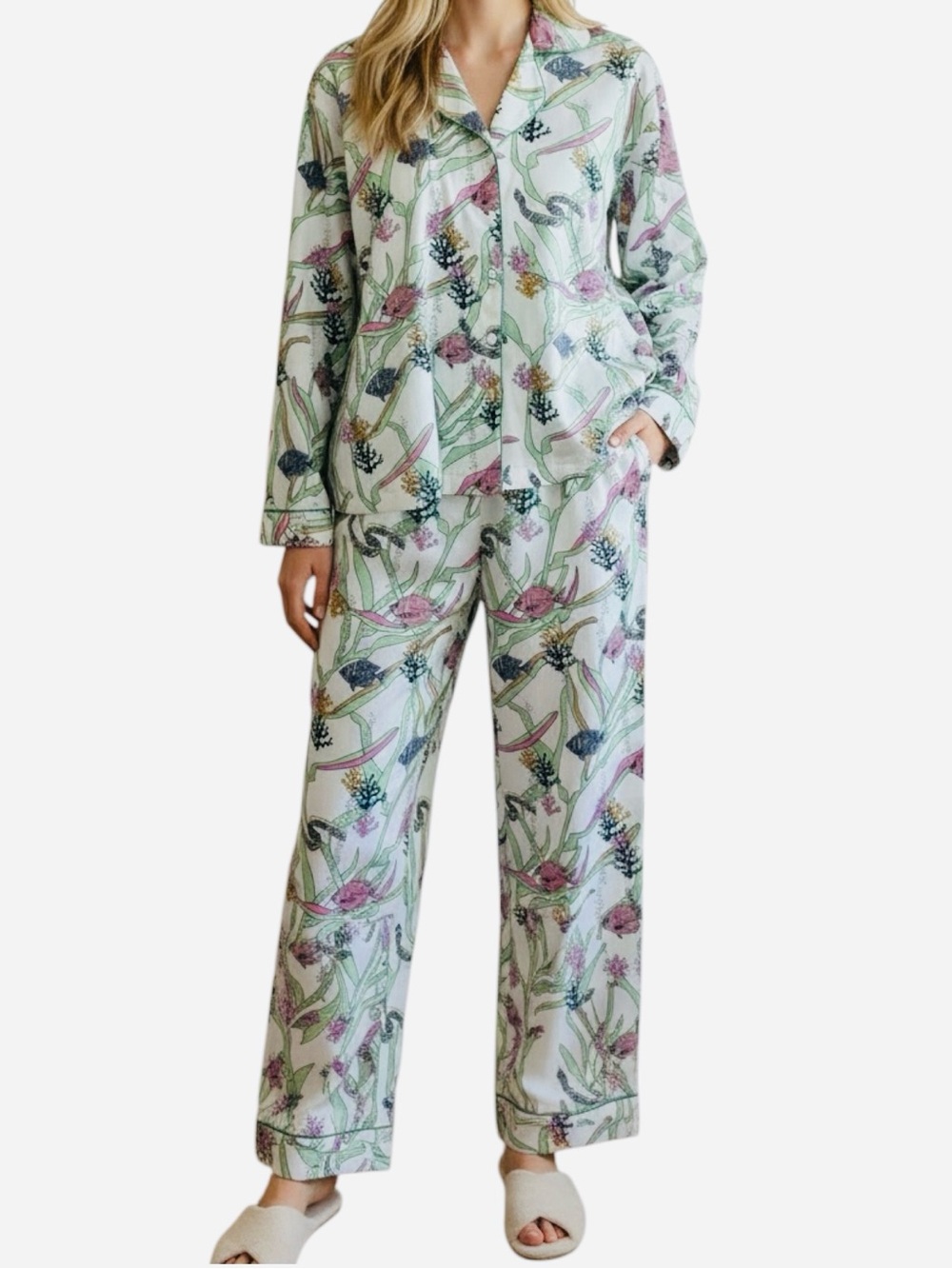 NEW Oceanus Aquatic Notched Collar Satin Pajama Set Womens Size Medium NWT